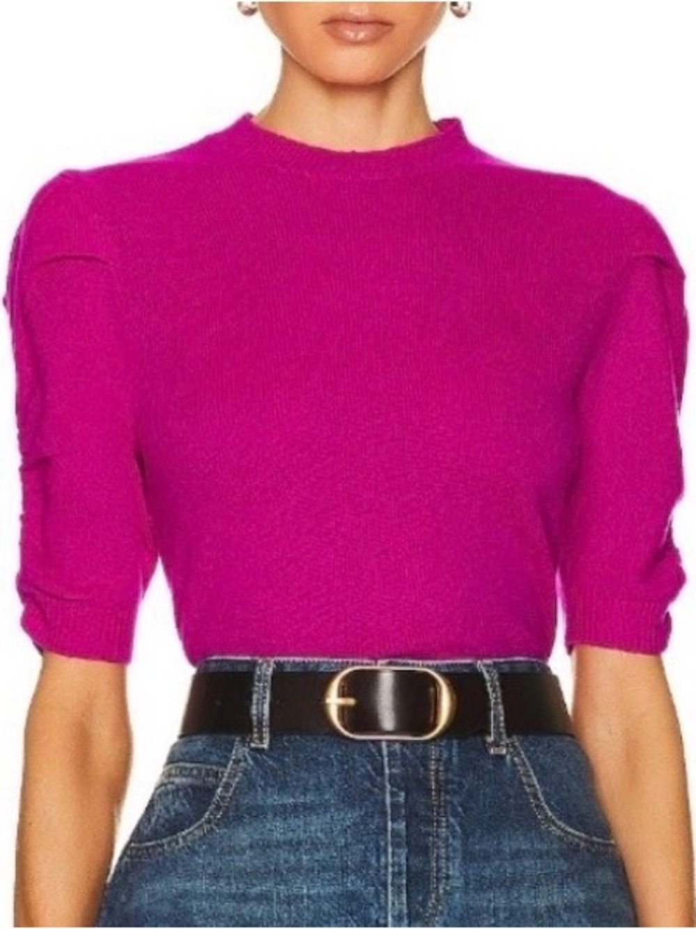 FRAME Cashmere Short Sleeve Ruched Sleeve Sweater Magenta Size Small